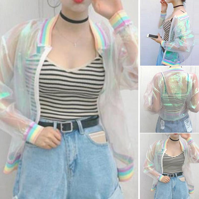 Womens Long Sleeves Holographic Clear Jacket Iridescent Coat Zipper See Through
