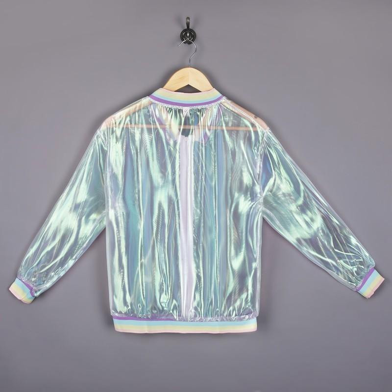 Womens Long Sleeves Holographic Clear Jacket Iridescent Coat Zipper See Through
