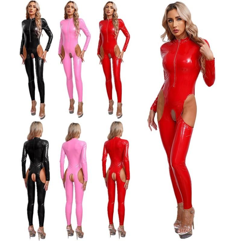 Womens Metallic Latex Leotard Jumpsuit Long Sleeve Lingerie Bodysuits Catsuit
