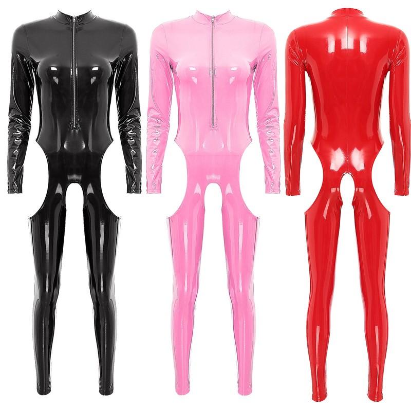Womens Metallic Latex Leotard Jumpsuit Long Sleeve Lingerie Bodysuits Catsuit