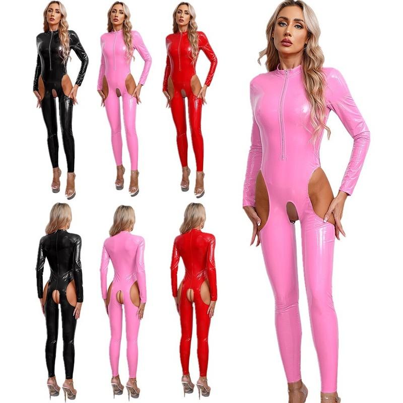 Womens Metallic Latex Leotard Jumpsuit Long Sleeve Lingerie Bodysuits Catsuit