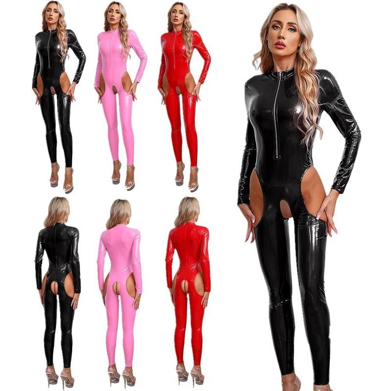 Womens Metallic Latex Leotard Jumpsuit Long Sleeve Lingerie Bodysuits Catsuit