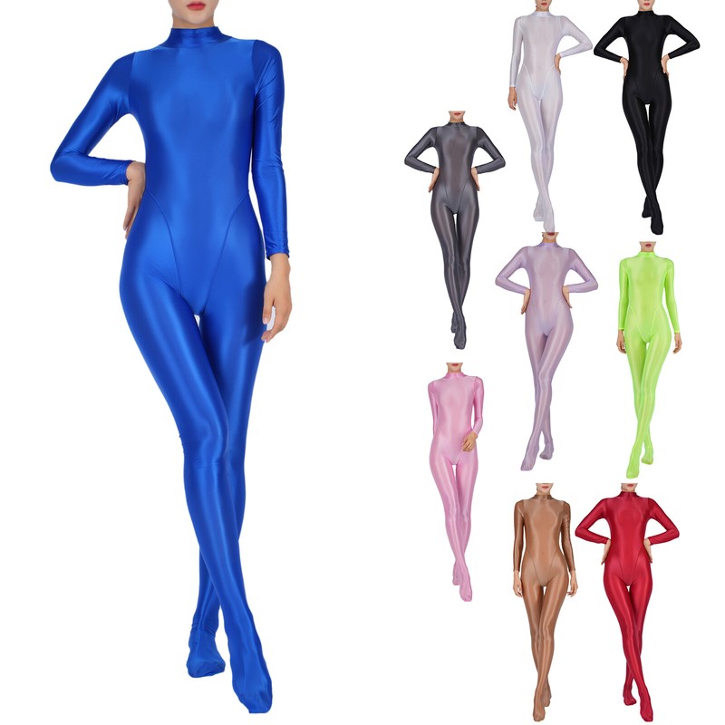 Womens Oil Glossy Bodystocking One-Piece Full Bodysuit Jumpsuits Sportwear