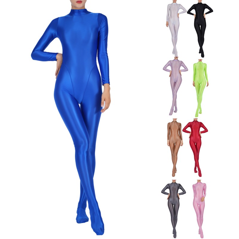 Womens Oil Glossy Bodystocking One-Piece Full Bodysuit Jumpsuits Sportwear