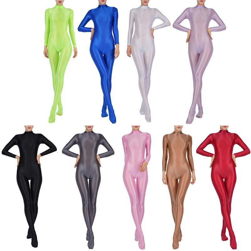 Womens Oil Glossy Bodystocking One-Piece Full Bodysuit Jumpsuits Sportwear