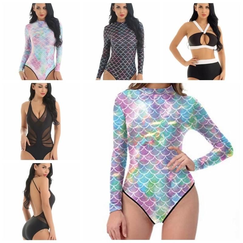 Womens One-piece Long Sleeve Rash Guard Mermaid Swimsuit Swimwear Bathing Suit