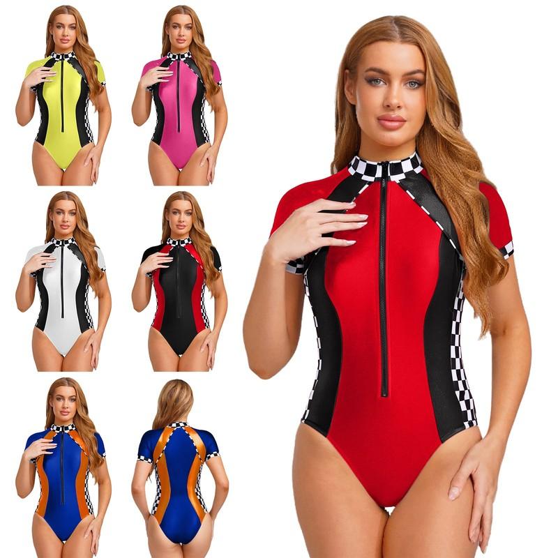 Womens One Piece Speed Car Leotard Unitard Jumpsuit Bar Bodysuit Short Sleeve