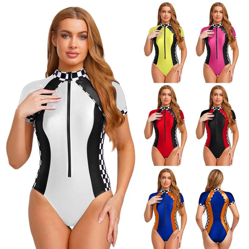 Womens One Piece Speed Car Leotard Unitard Jumpsuit Bar Bodysuit Short Sleeve