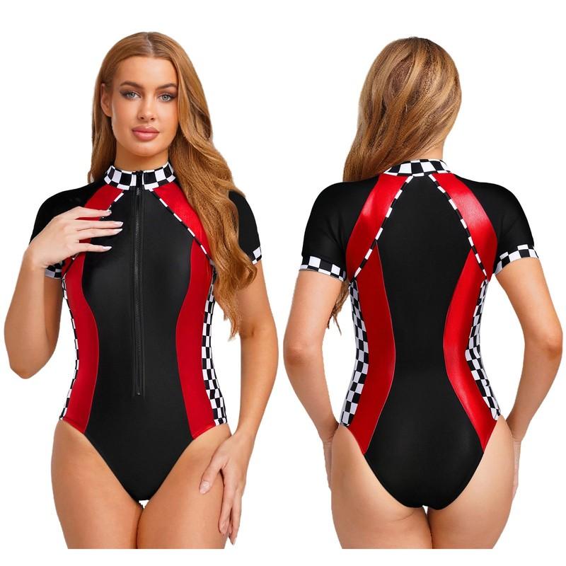 Womens One Piece Speed Car Leotard Unitard Jumpsuit Bar Bodysuit Short Sleeve