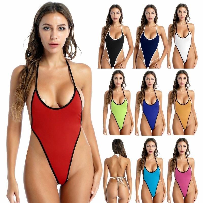Womens One Piece Swimsuit High Cut Thong Bodysuit Monokini Swimwear Bathing Suit