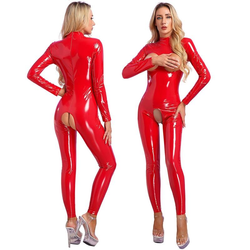 Womens Patent Leather Jumpsuits Bodysuit Long Sleeve Latex Hollow Out Catsuits