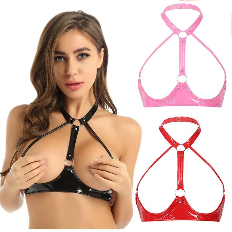 Womens Patent Leather Wetlook Breast Exposing Open Cup Bra Glossy Shaping Top