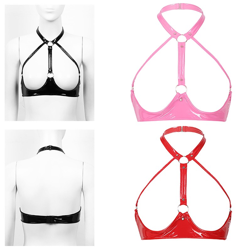 Womens Patent Leather Wetlook Breast Exposing Open Cup Bra Glossy Shaping Top