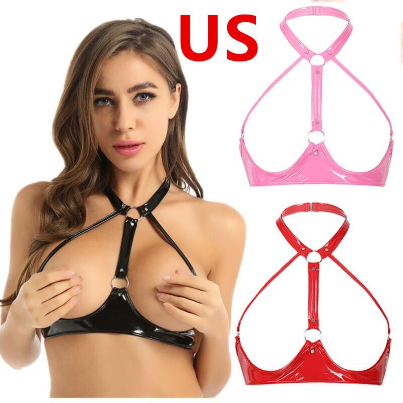 Womens Patent Leather Wetlook Breast Exposing Open Cup Bra Glossy Shaping Top