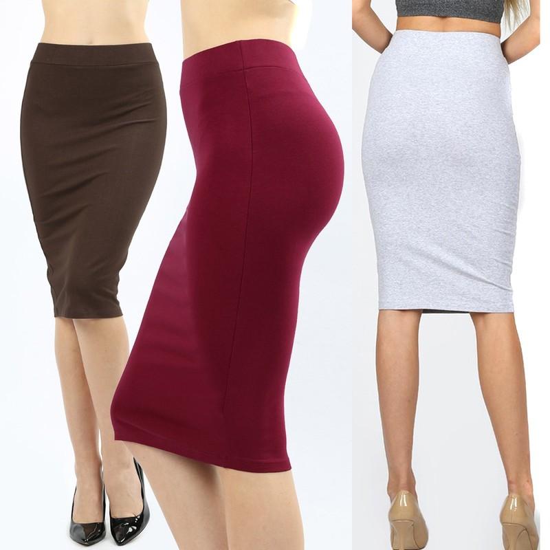 Womens Pencil Skirt Cotton Stretch Elastic Waist High Waisted Knee Length Office