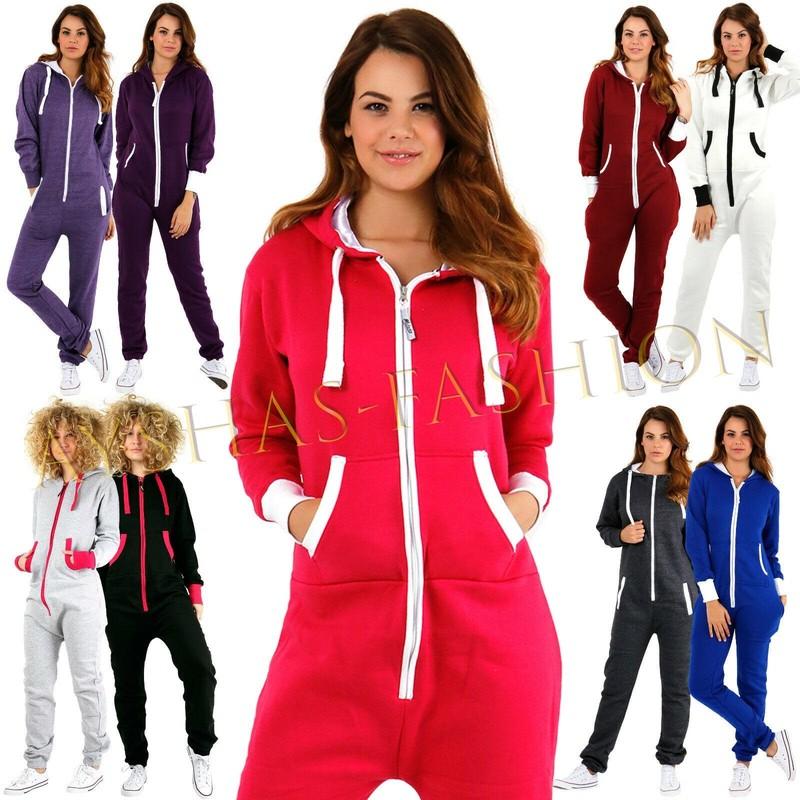 Womens Plain Jumpsuit Ladies All In One Peice Hooded Zip Up Playsuit S-5XL 8-24