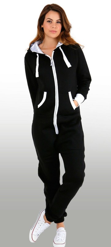 Womens Plain Jumpsuit Ladies All In One Peice Hooded Zip Up Playsuit S-5XL 8-24