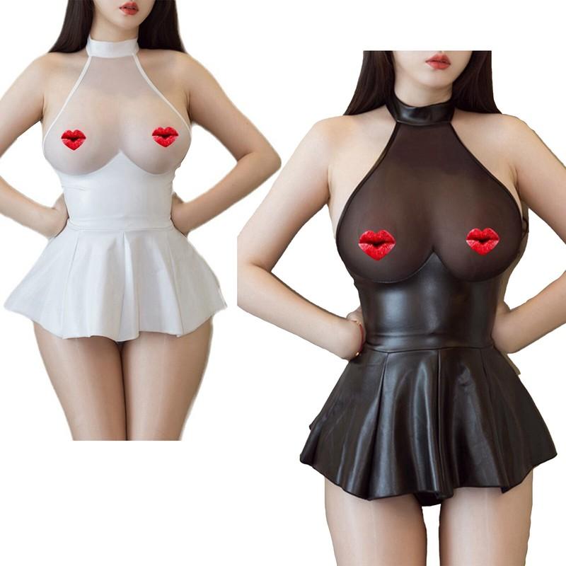 Womens Pleated Mini Dress See Through Sexy Halter Neck Sheer Lingerie Nightdress