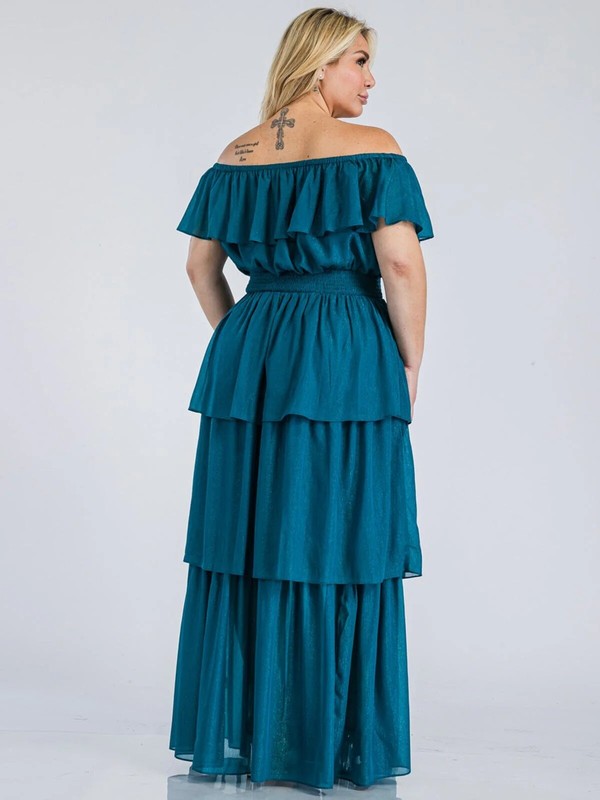 Womens Plus Size Teal Cold Shoulder Maxi Dress 2X Ruffled Accents Shimmer