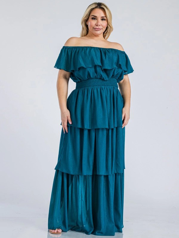 Womens Plus Size Teal Cold Shoulder Maxi Dress 2X Ruffled Accents Shimmer