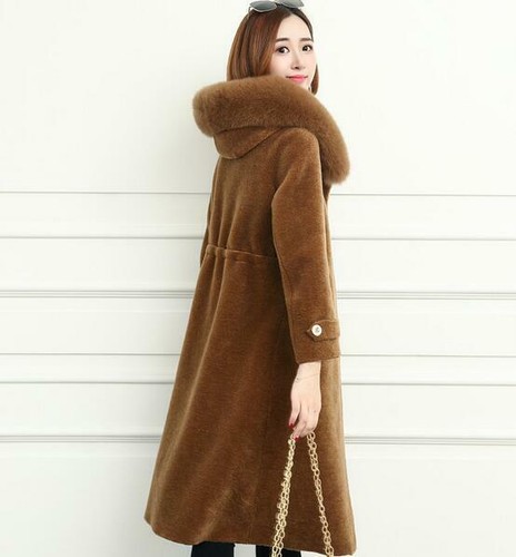 Womens Real Sheepskin Lamb Fur Coat Hooded Shearling Jacket Parka Coat Sz