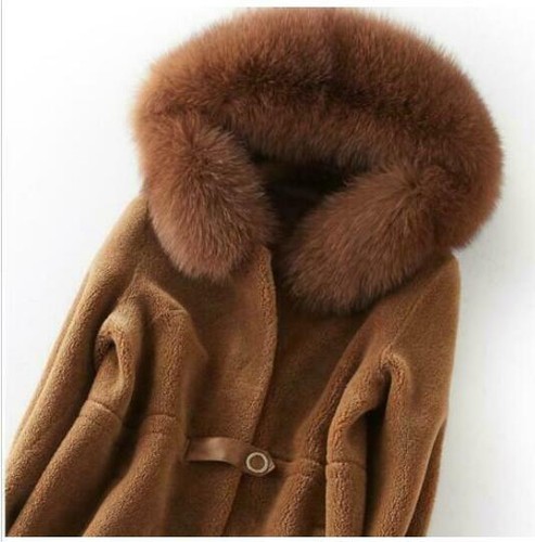 Womens Real Sheepskin Lamb Fur Coat Hooded Shearling Jacket Parka Coat sz