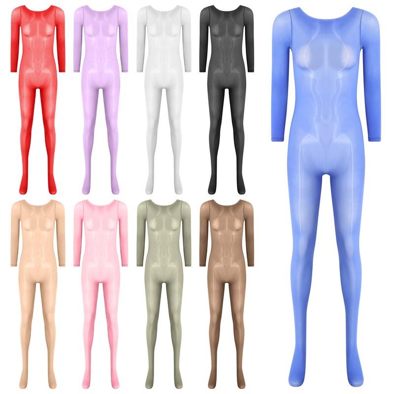 Womens See Through Body Stocking Tight Catsuit Long Sleeves Bodysuit Jumpsuit