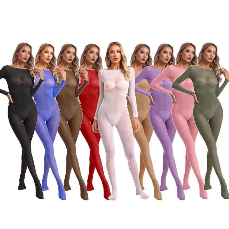 Womens See Through Body Stocking Tight Catsuit Long Sleeves Bodysuit Jumpsuit
