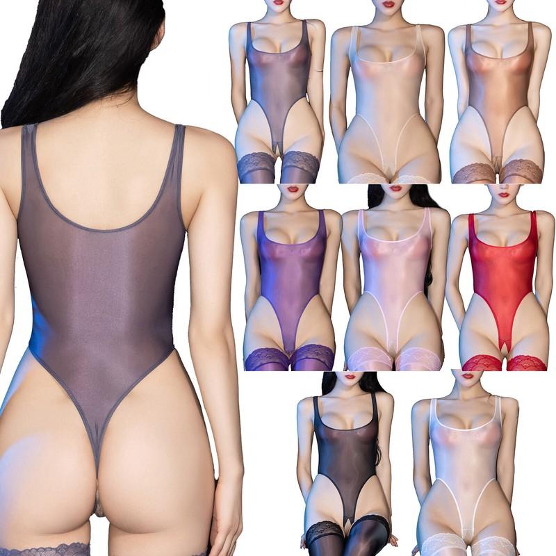 Womens See Through One Piece Swimwear Bodysuit Glossy Sheer Crotchless Swimsuits