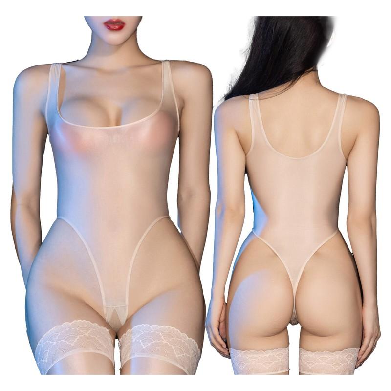 Womens See Through One Piece Swimwear Bodysuit Glossy Sheer Crotchless Swimsuits