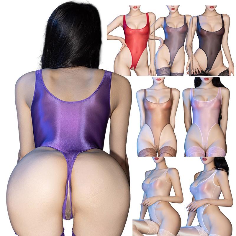 Womens See Through One Piece Swimwear Bodysuit Glossy Sheer Crotchless Swimsuits