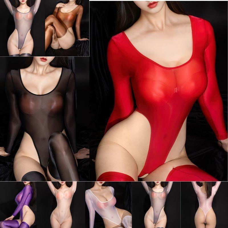 Womens See Through Sheer Bodysuit Lingerie Silky Open Crotch High Cut Leotard