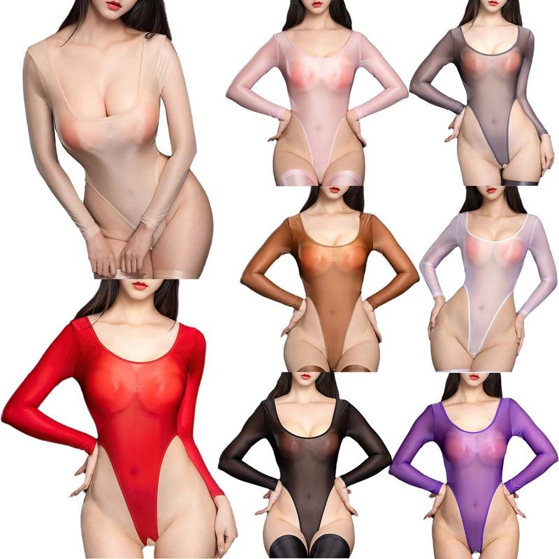 Womens See Through Sheer Bodysuit Lingerie Silky Open Crotch High Cut Leotard