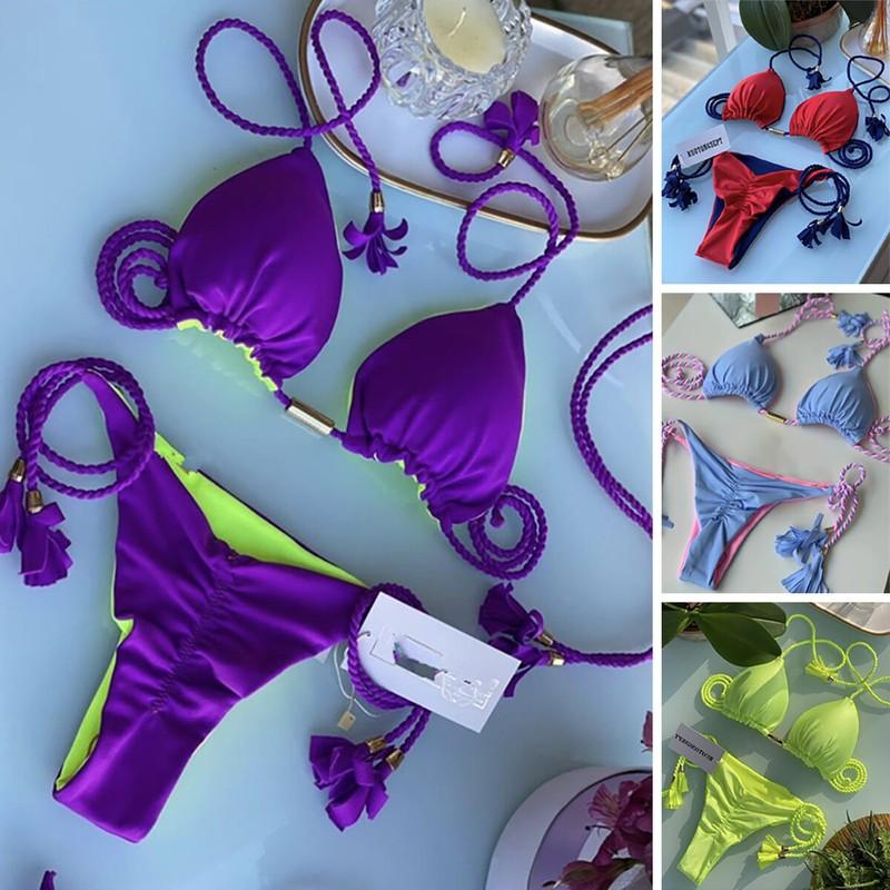 Womens Sexy Bikini Set Tassel Braided String Swimwear Ruched Thong Bathing Suits