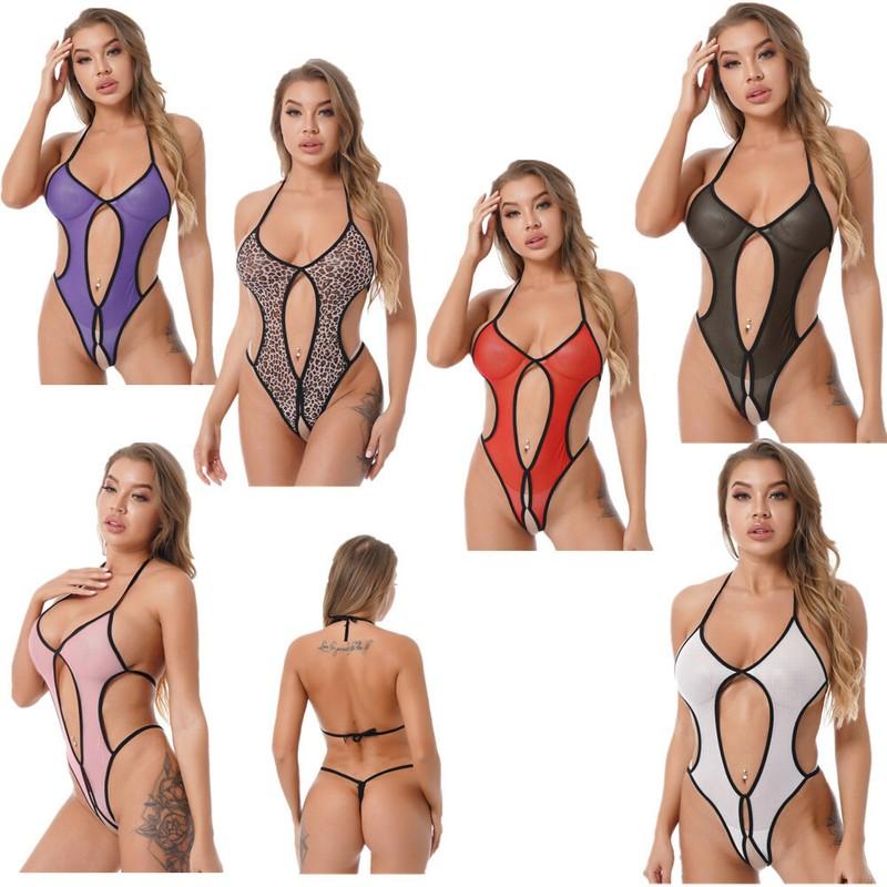 Womens Sexy Glossy Sheer Swimwear One Piece Bodysuit See Through Bathing Suit