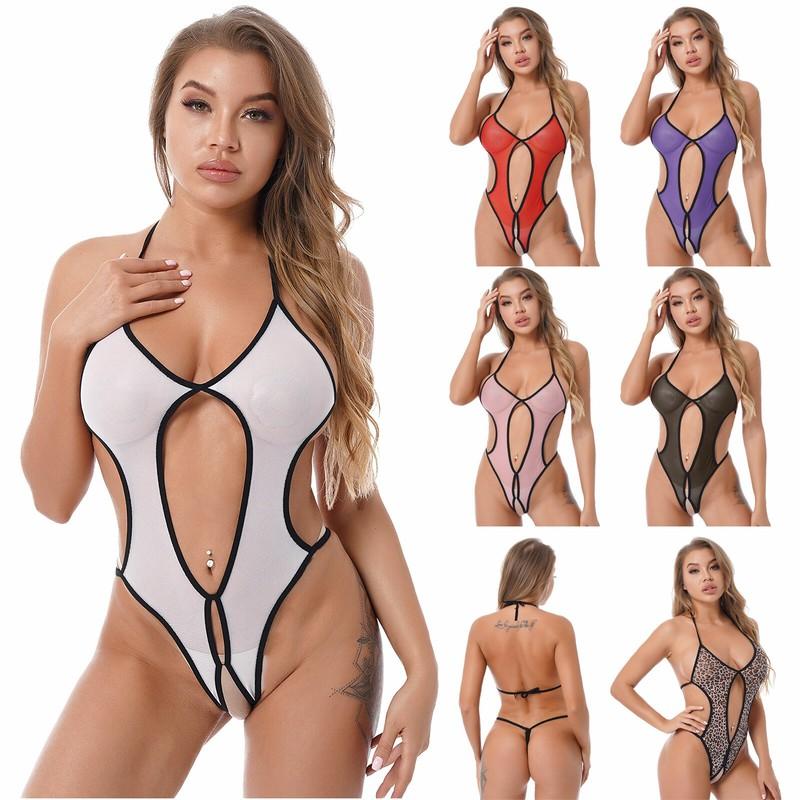 Womens Sexy Glossy Sheer Swimwear One Piece Bodysuit See Through Bathing Suit