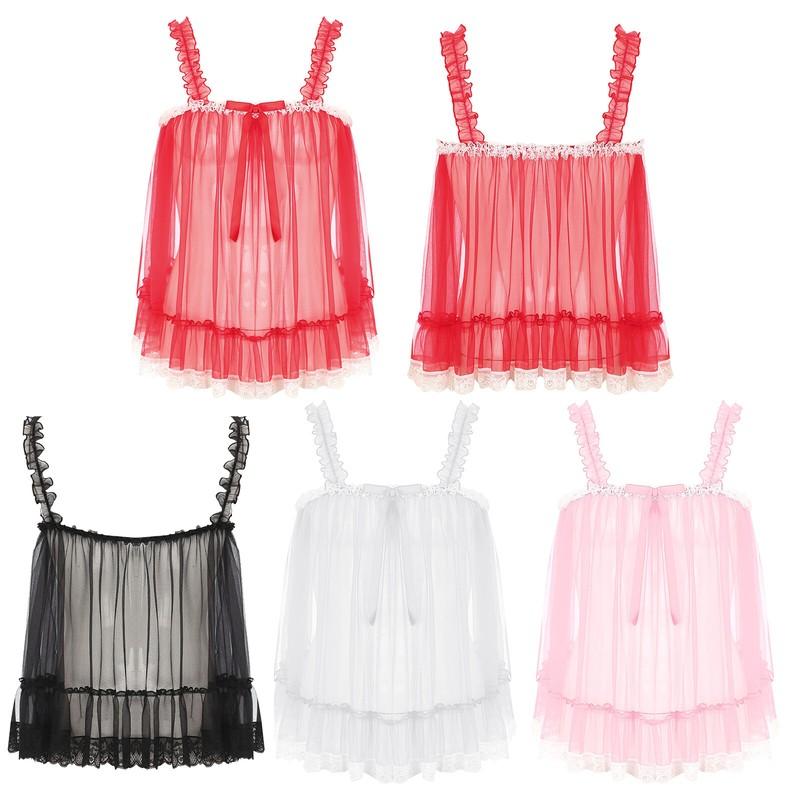 Womens Sexy Lace Sheer Sleepwear Dress See-Through Slip Tops Nighty Nightwear