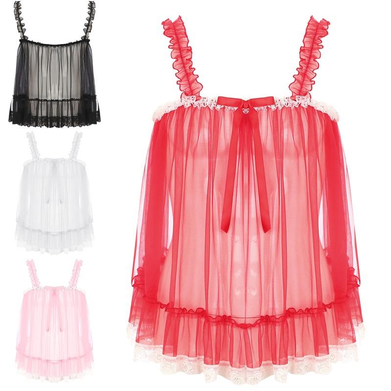 Womens Sexy Lace Sheer Sleepwear Dress See-Through Slip Tops Nighty Nightwear