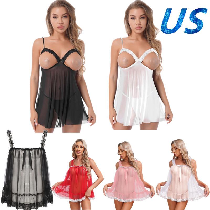 Womens Sexy Lace Sheer Sleepwear Dress See-Through Slip Tops Nighty Nightwear