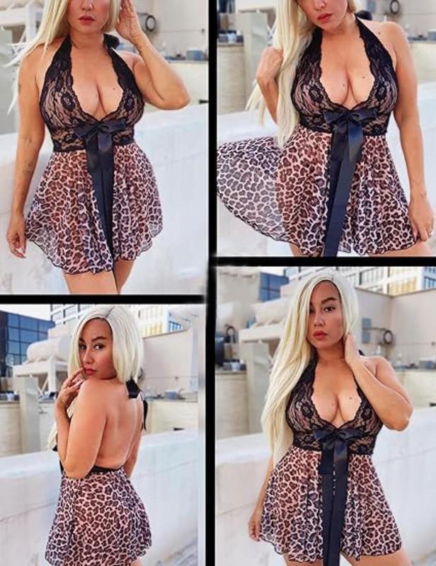 Womens Sexy-Leopard-Lingerie Babydoll Sheer Dress Nightwear Sleepwear G-string