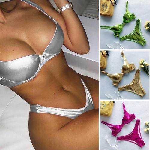 Womens Sexy Metallic Push Up Bikini Brazilian Swimwear Gold Silver Bathing Suits