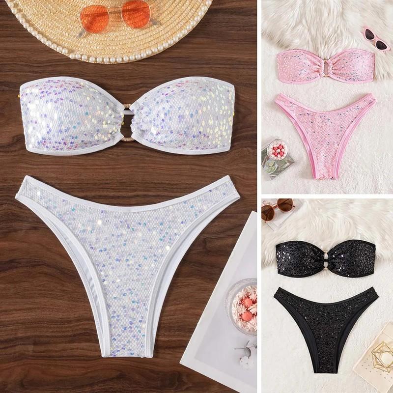 Womens Sexy Sequined Bandeau Bikini Set Brazilian Swimwear Push Up Bathing Suits