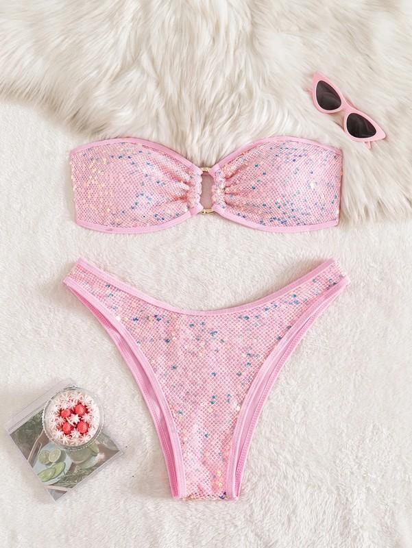 Womens Sexy Sequined Bandeau Bikini Set Brazilian Swimwear Push Up Bathing Suits