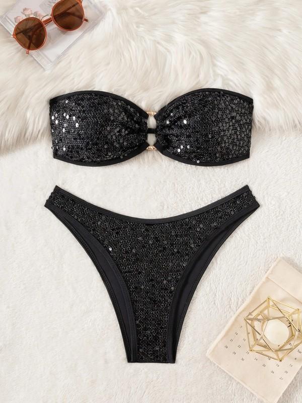 Womens Sexy Sequined Bandeau Bikini Set Brazilian Swimwear Push Up Bathing Suits