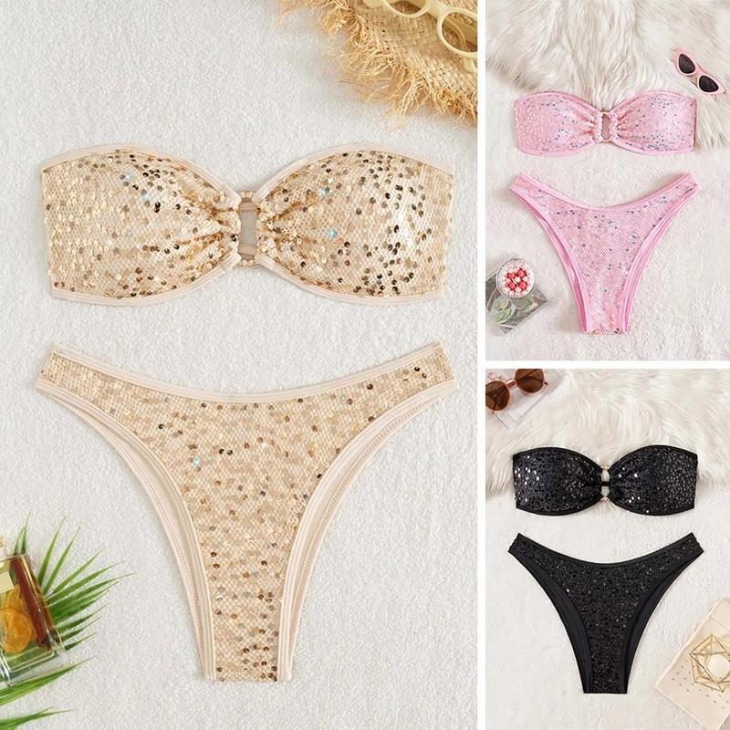 Womens Sexy Sequined Bandeau Bikini Set Brazilian Swimwear Push Up Bathing Suits