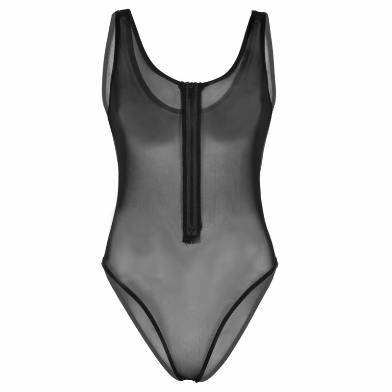 Womens Sexy Sheer Mesh Lingerie Zipper Teddy Babydoll Bodysuit Jumpsuit Rompers