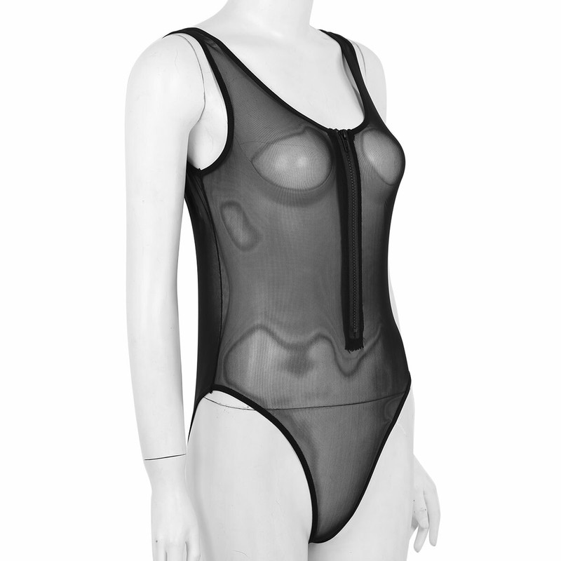Womens Sexy Sheer Mesh Lingerie Zipper Teddy Babydoll Bodysuit Jumpsuit Rompers