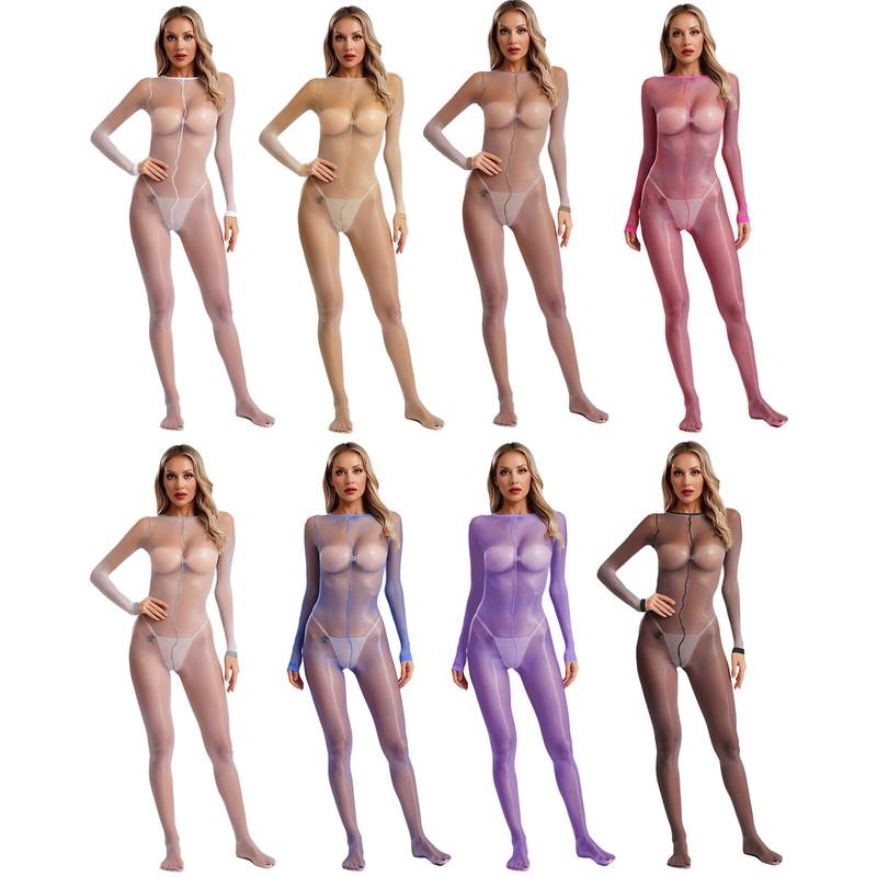 Womens Sexy Sheer Stretchy Bodystockings Long Sleeve Full Body Bodysuits Costume