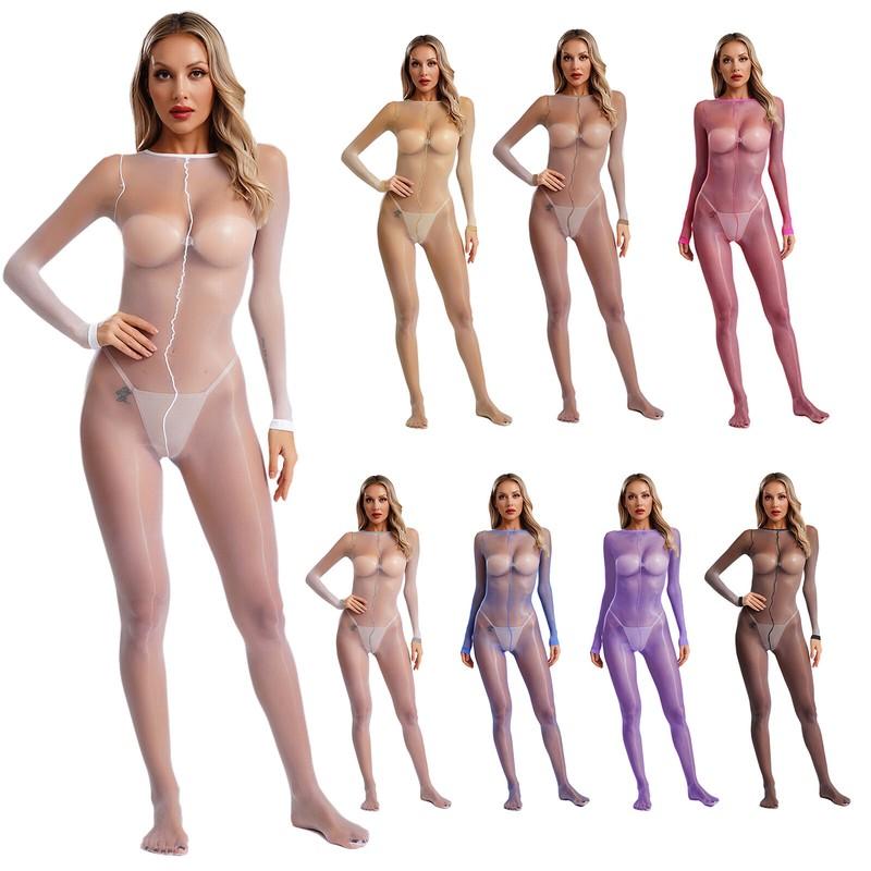 Womens Sexy Sheer Stretchy Bodystockings Long Sleeve Full Body Bodysuits Costume
