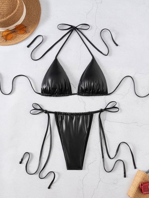 Womens Sexy Triangle Mini Bikini Brazilian PU Swimwear Micro String Bathing Suit